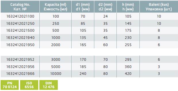 Таблица с описанием колбы Бунзена пластиковый тубус 1000 мл